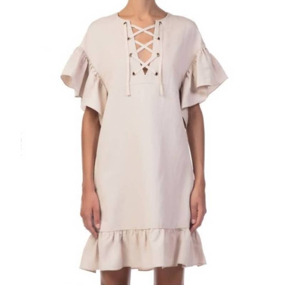 Ulla Johnson Marianne Ruffled Flare Frilly Sleeve Twill Lace Up Dress